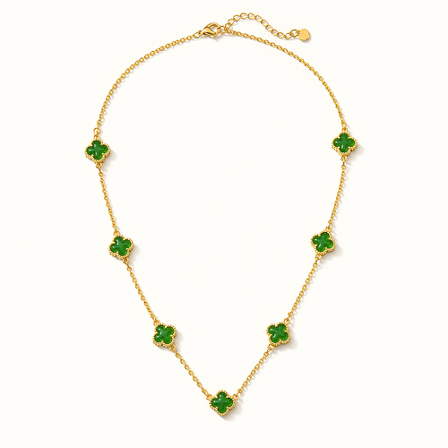 Green jade clover necklace with gold-plated copper chain on a white background
