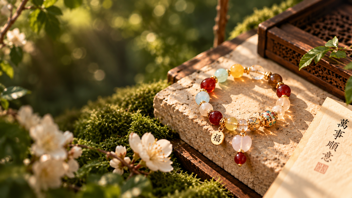 Eastern Harmony gemstone bracelet in a sunlit forest garden